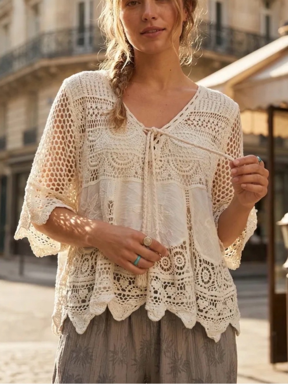 Boho Crochet Tie-Front Tunic Top in Cream